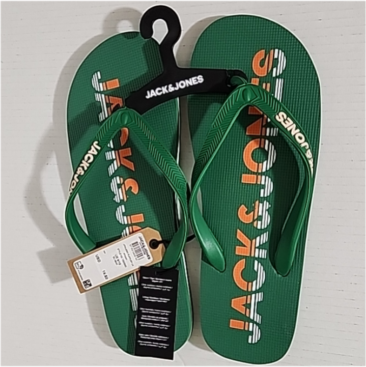 JACK & JONES Premium Flip Flops Sandals: Amazon Green/ Orange Logo Size 9/10