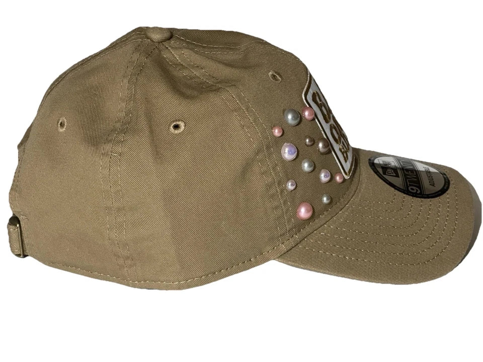 Custom PEARL Embellished “Back On My Bullshit” Tan New Era 9TWENTY Strapback Hat