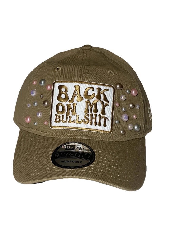 Custom PEARL Embellished “Back On My Bullshit” Tan New Era 9TWENTY Strapback Hat