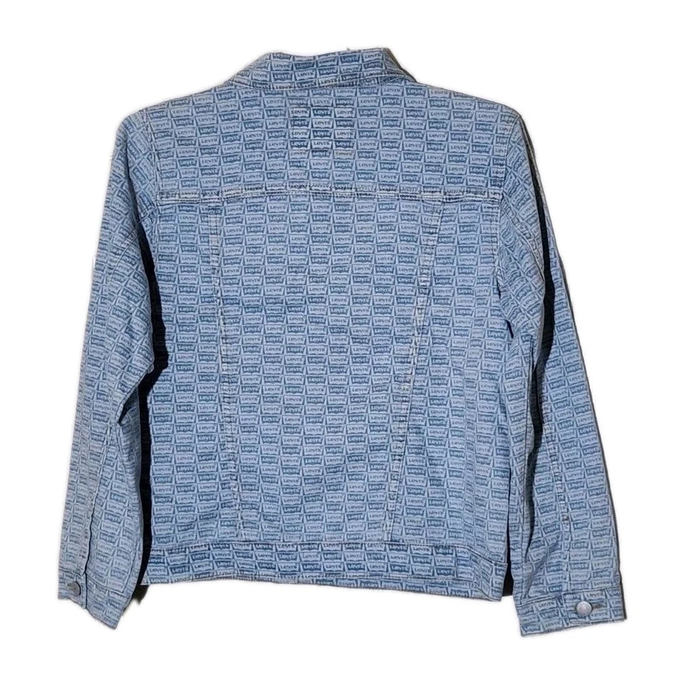 Levis Blue Jean Jacket All Over Logo Print Womans youth Size Medium