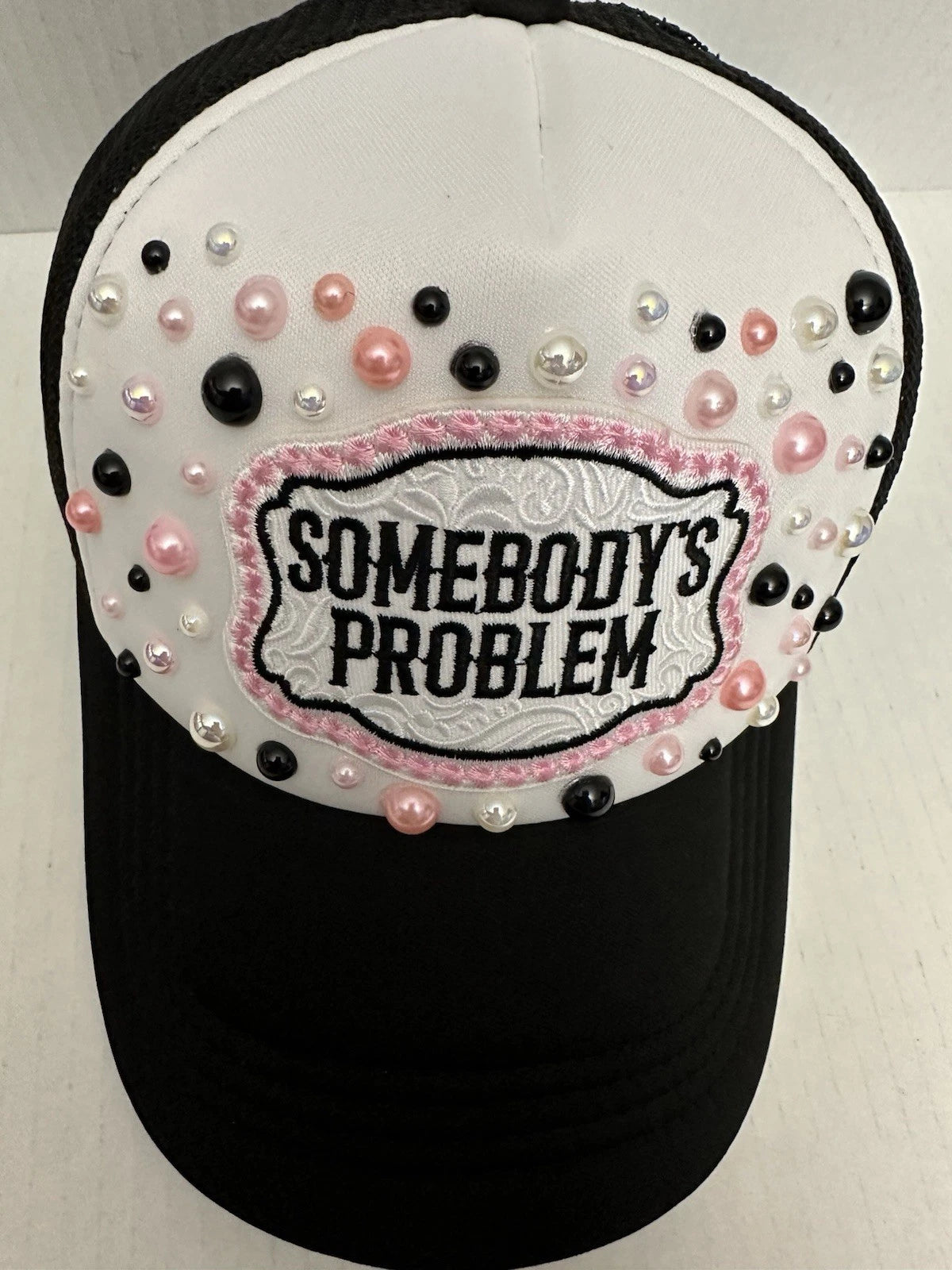 Custom Black & White PEARL Embellished "Somebody's Problem" Trucker Hat