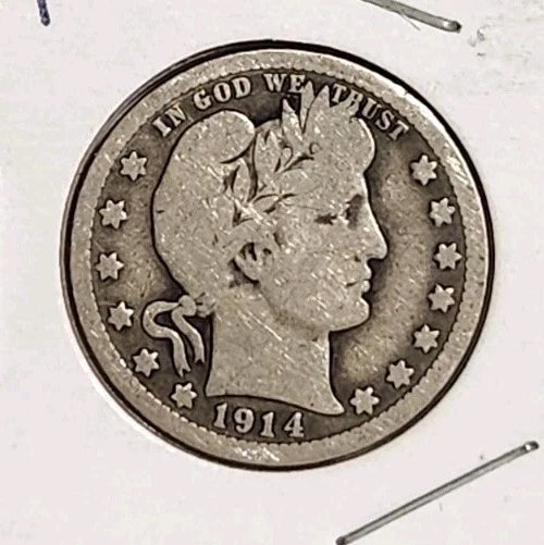 Barber Quarter 1914-D  silver coin minted in Denver  90% Silver