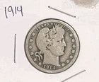 Barber Quarter 1914-D  silver coin minted in Denver  90% Silver