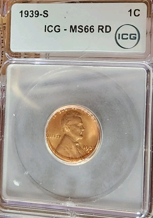 1939-S Lincoln Cent ICG MS66 RD Red Lincoln Penny