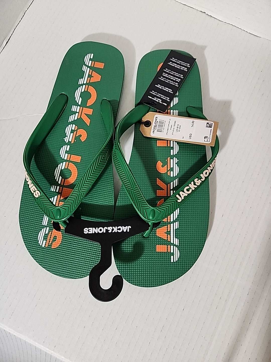 JACK & JONES Premium Flip Flops Sandals: Amazon Green/ Orange Logo Size 9/10