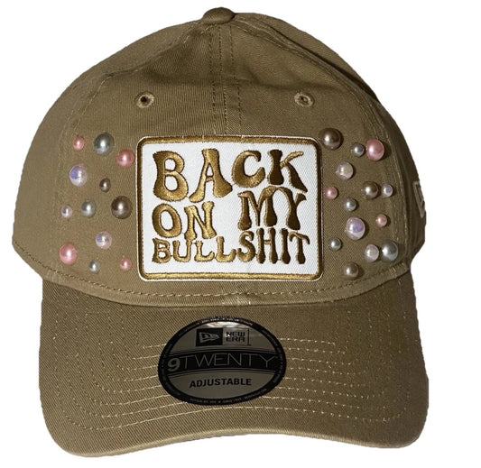 Custom PEARL Embellished “Back On My Bullshit” Tan New Era 9TWENTY Strapback Hat