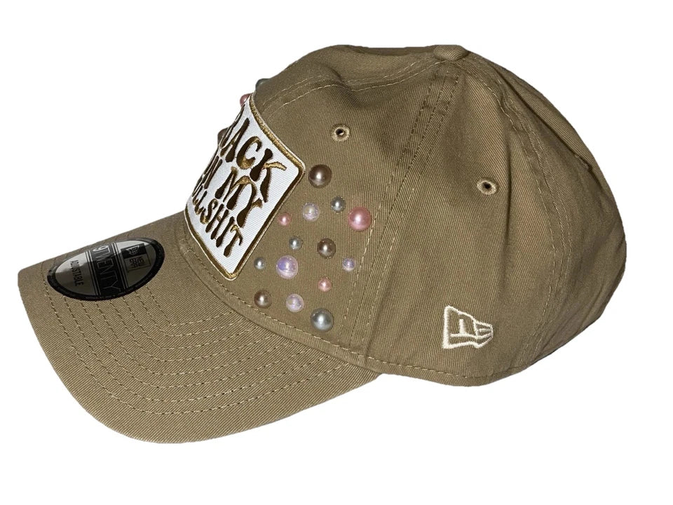 Custom PEARL Embellished “Back On My Bullshit” Tan New Era 9TWENTY Strapback Hat