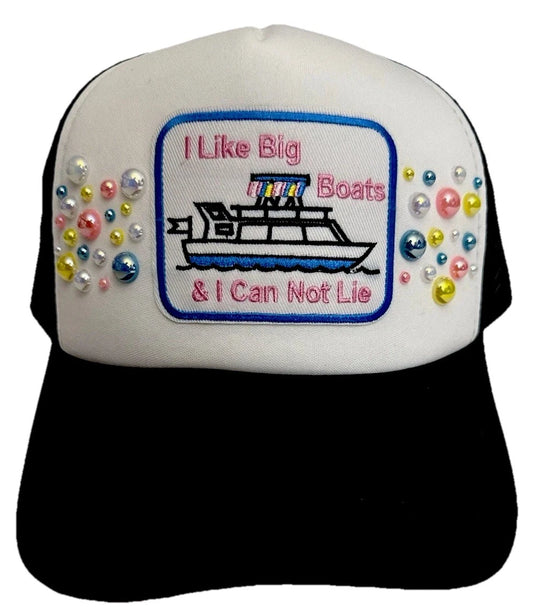 Custom Black/White PEARL “I Like Big Boats & I Cannot Lie” Trucker Hat