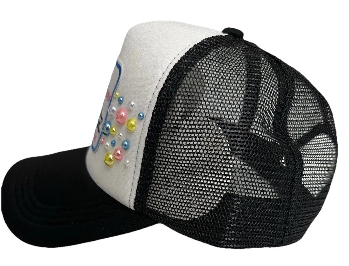 Custom Black/White PEARL “I Like Big Boats & I Cannot Lie” Trucker Hat