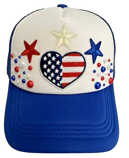 Custom 4th Of July PEARL Embellished 1-of-1 Patriotic USA Themed Trucker Hat