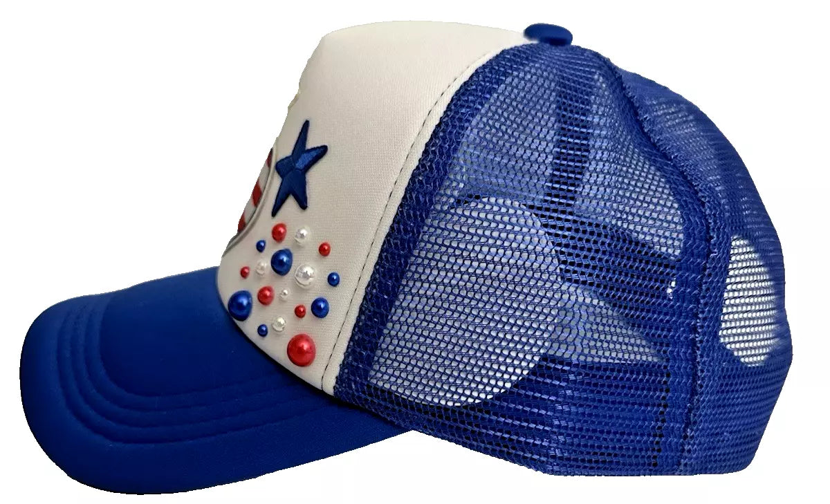 Custom 4th Of July PEARL Embellished 1-of-1 Patriotic USA Themed Trucker Hat