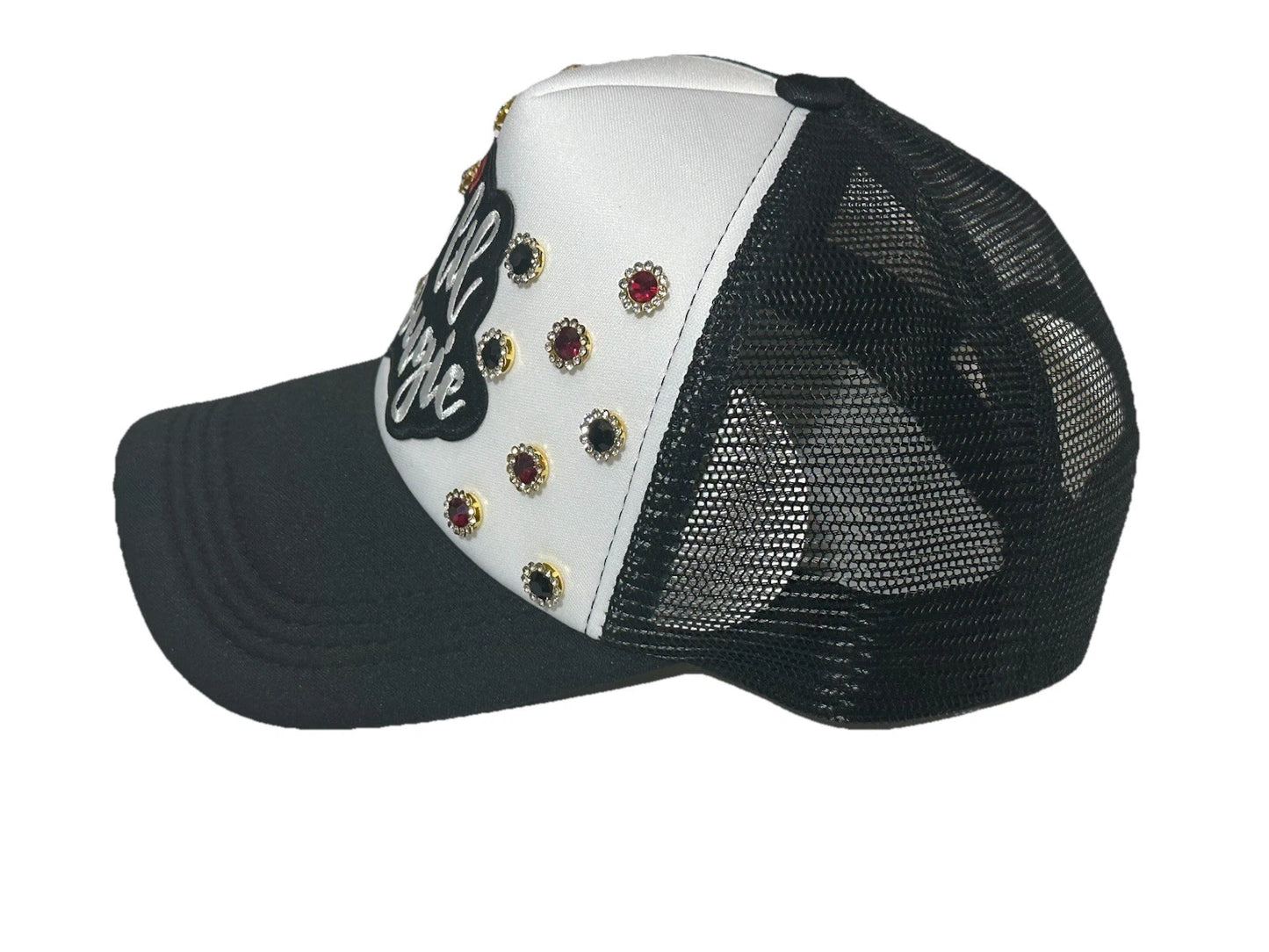 Custom Black/White "A Lil Bougie" BLING Trucker Hat Red/Black Flower Gemstones