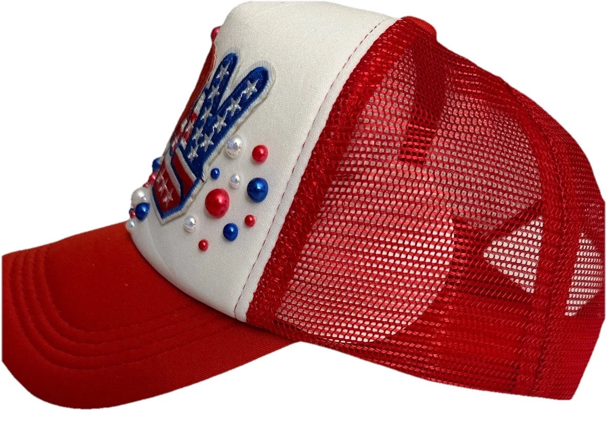 Custom 4th Of July PEARL Embellished 1-of-1 Patriotic USA Themed Trucker Hat