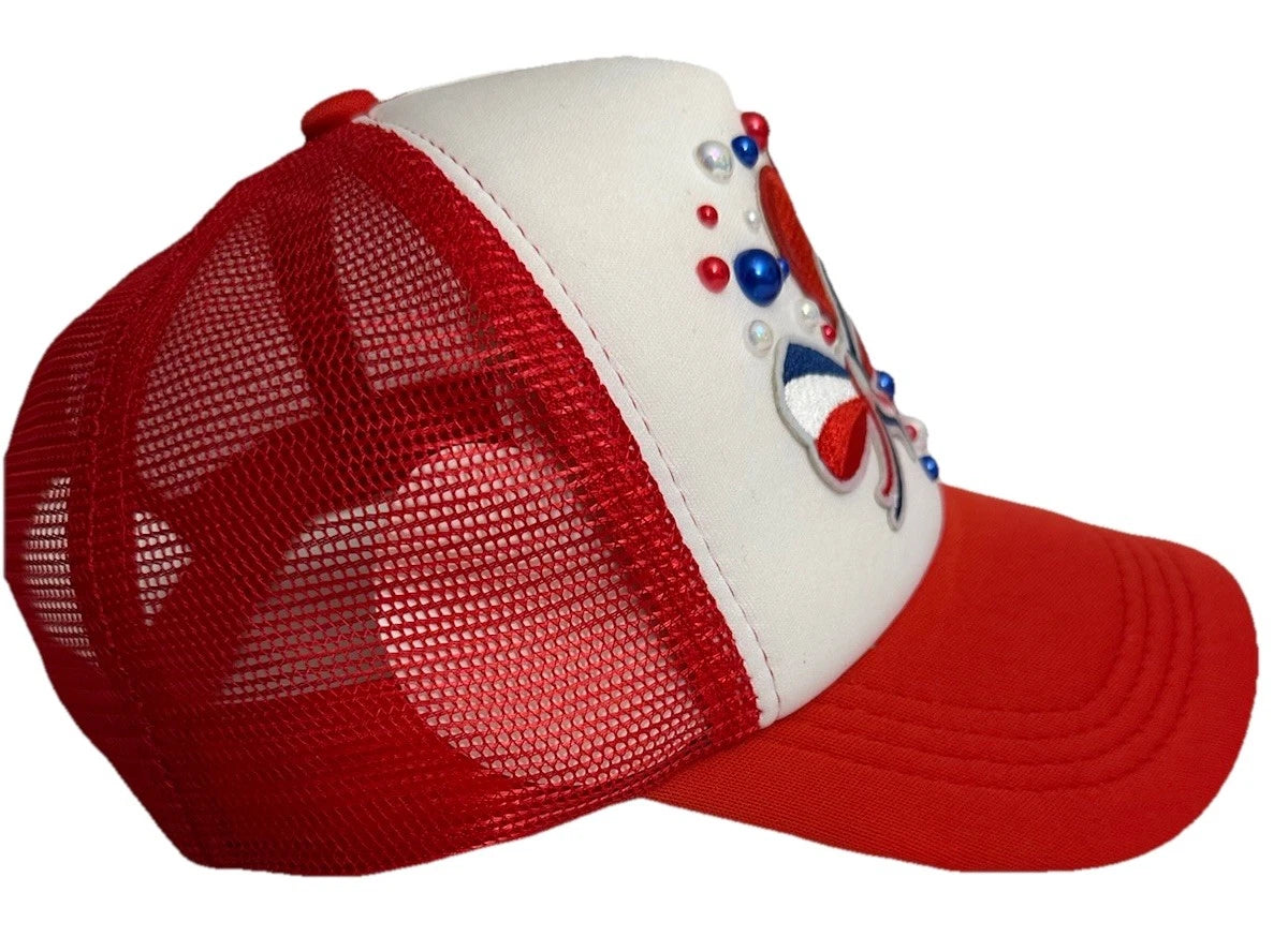 Custom 4th Of July PEARL Embellished 1-of-1 Patriotic USA Themed Trucker Hat