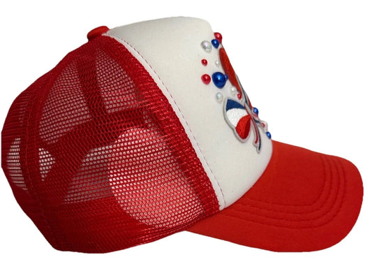 Custom 4th Of July PEARL Embellished 1-of-1 Patriotic USA Themed Trucker Hat