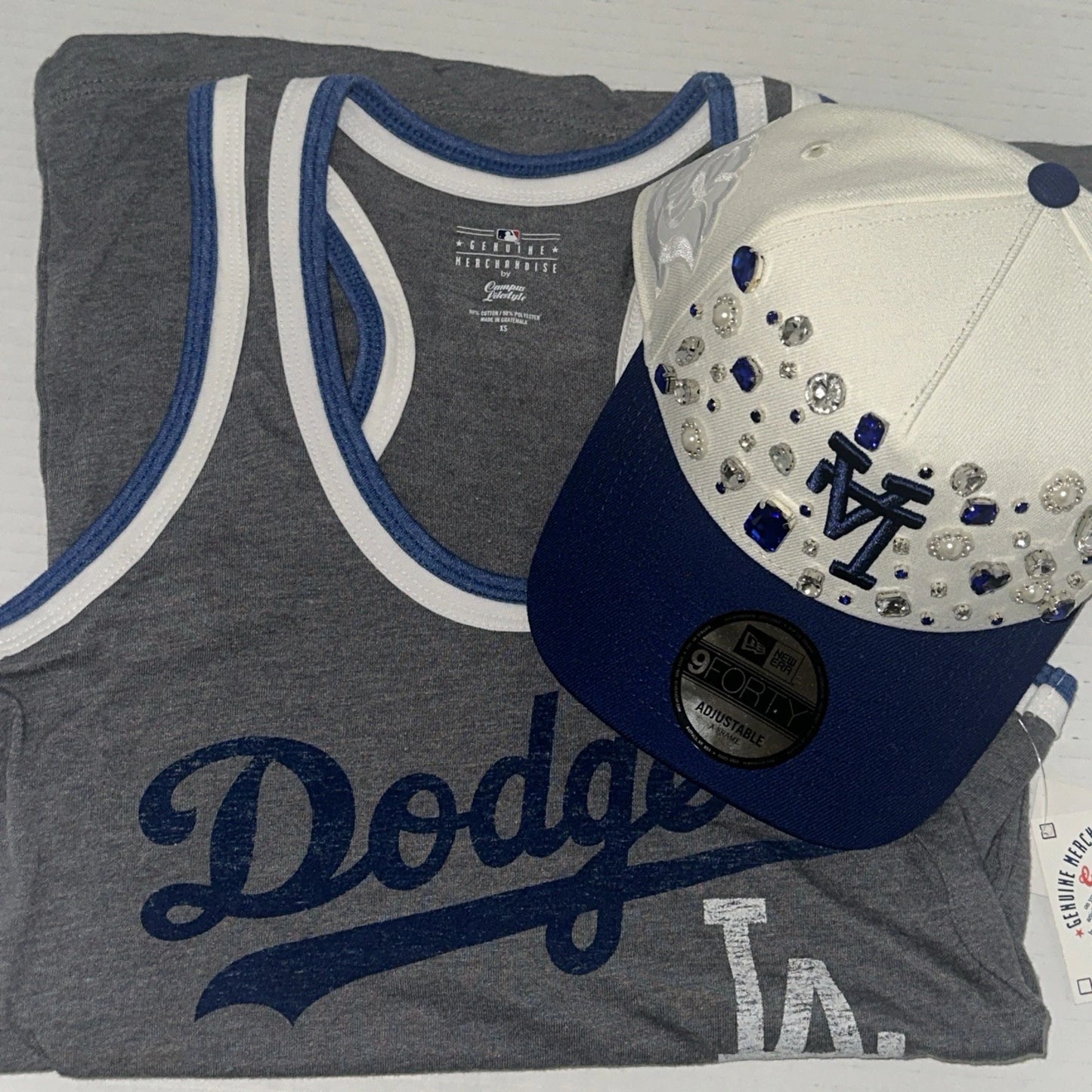 LA Dodgers Custom BLING Hat + Women’s Tank Top XS | MLB Official Set