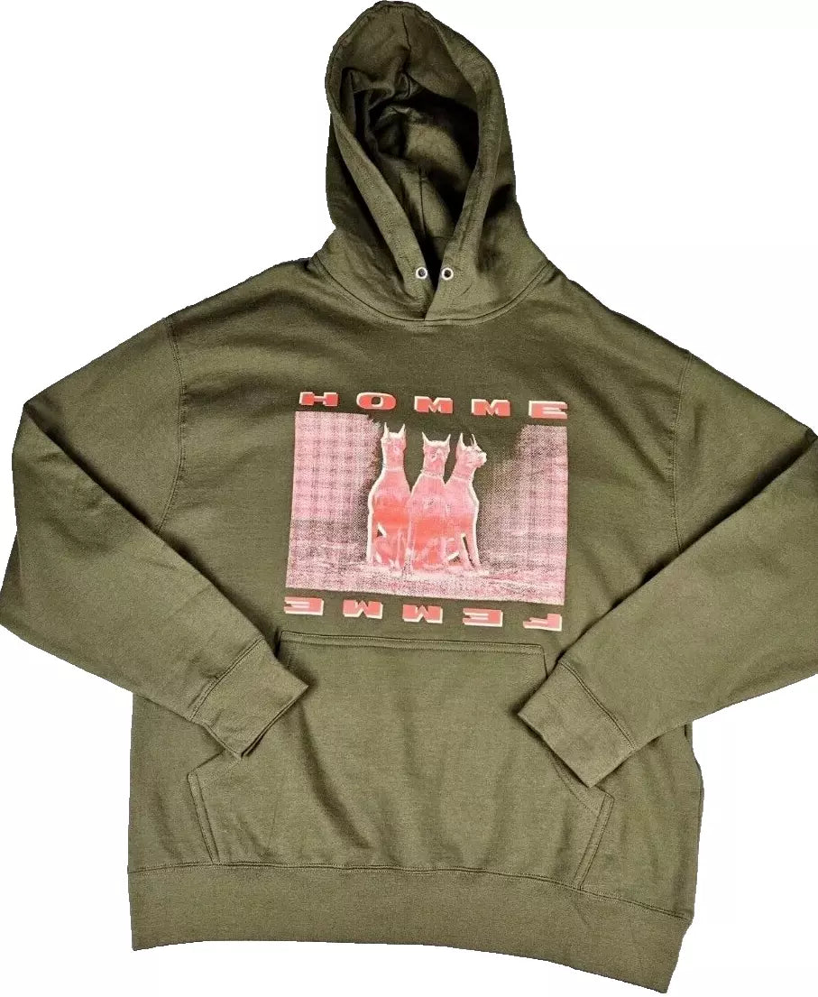 Homme Femme Doberman Olive Green Hoodie Streetwear - Size XL, NWT
