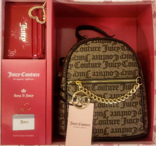 Juicy Couture Mini Brown Backpack Ft Gold Chain Detail + Red Wallet Set