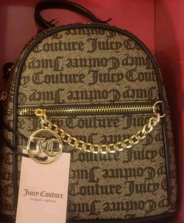 Juicy Couture Mini Brown Backpack Ft Gold Chain Detail + Red Wallet Set