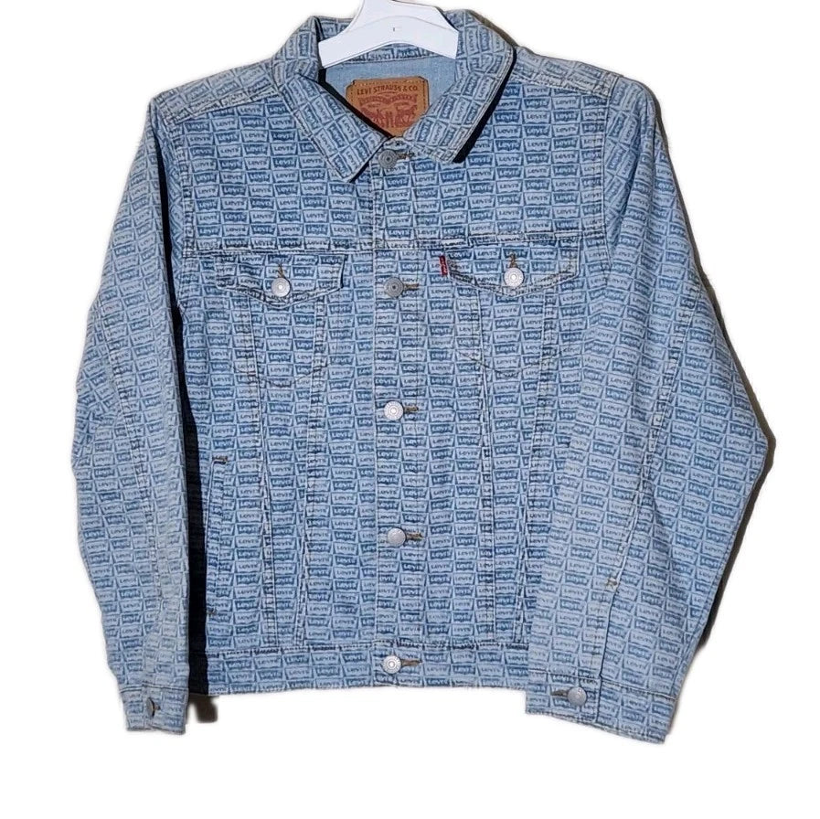 Levis Blue Jean Jacket All Over Logo Print Womans youth Size Medium