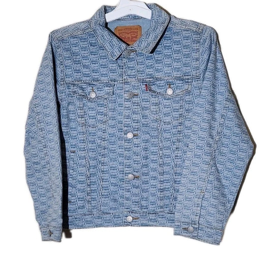 Levis Blue Jean Jacket All Over Logo Print Womans youth Size Medium