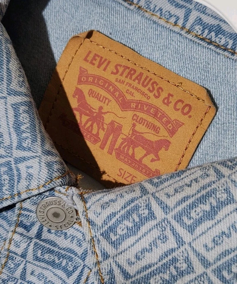 Levis Blue Jean Jacket All Over Logo Print Womans youth Size Medium