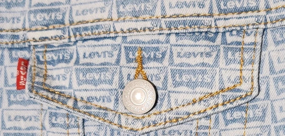 Levis Blue Jean Jacket All Over Logo Print Womans youth Size Medium