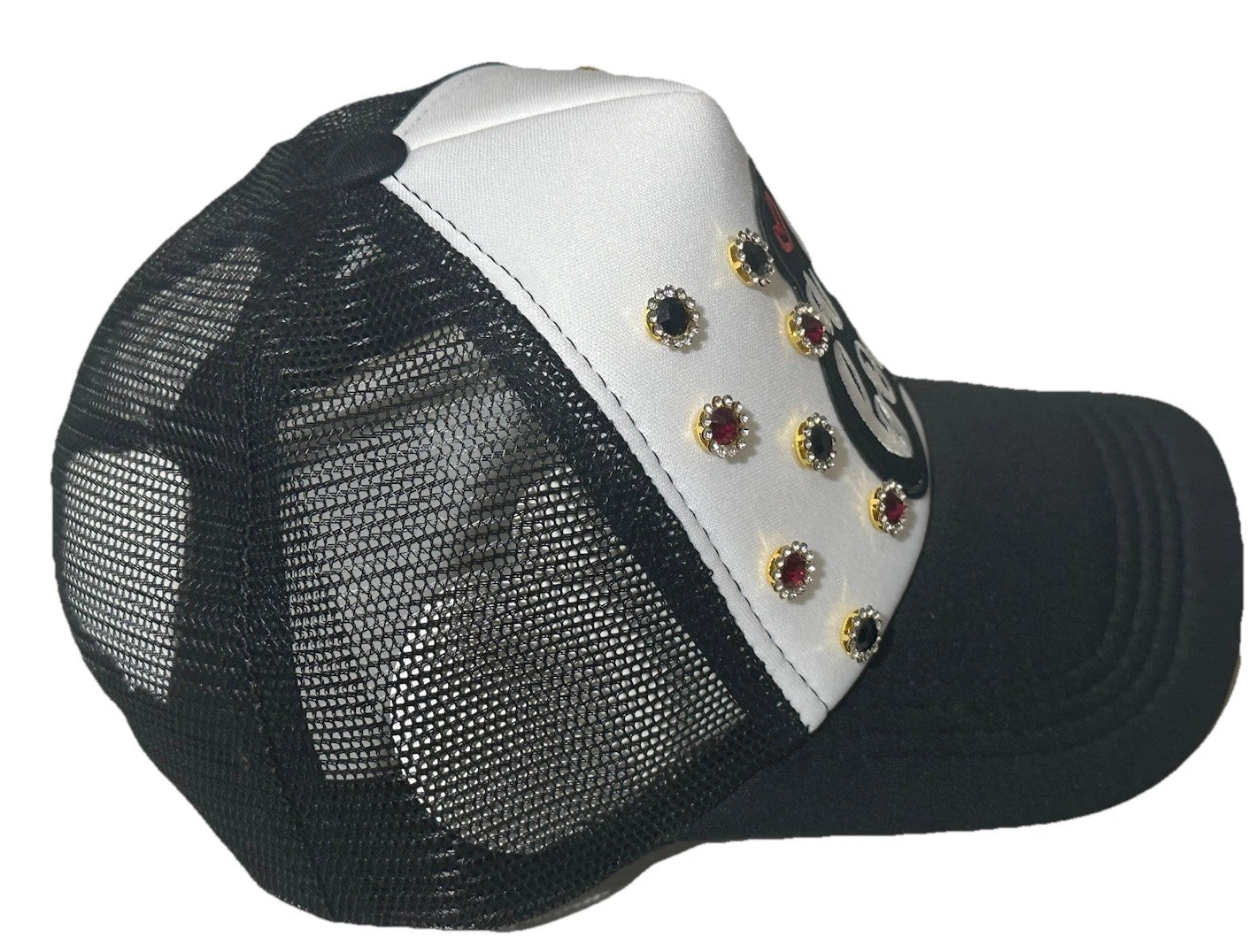 Custom Black/White "A Lil Bougie" BLING Trucker Hat Red/Black Flower Gemstones