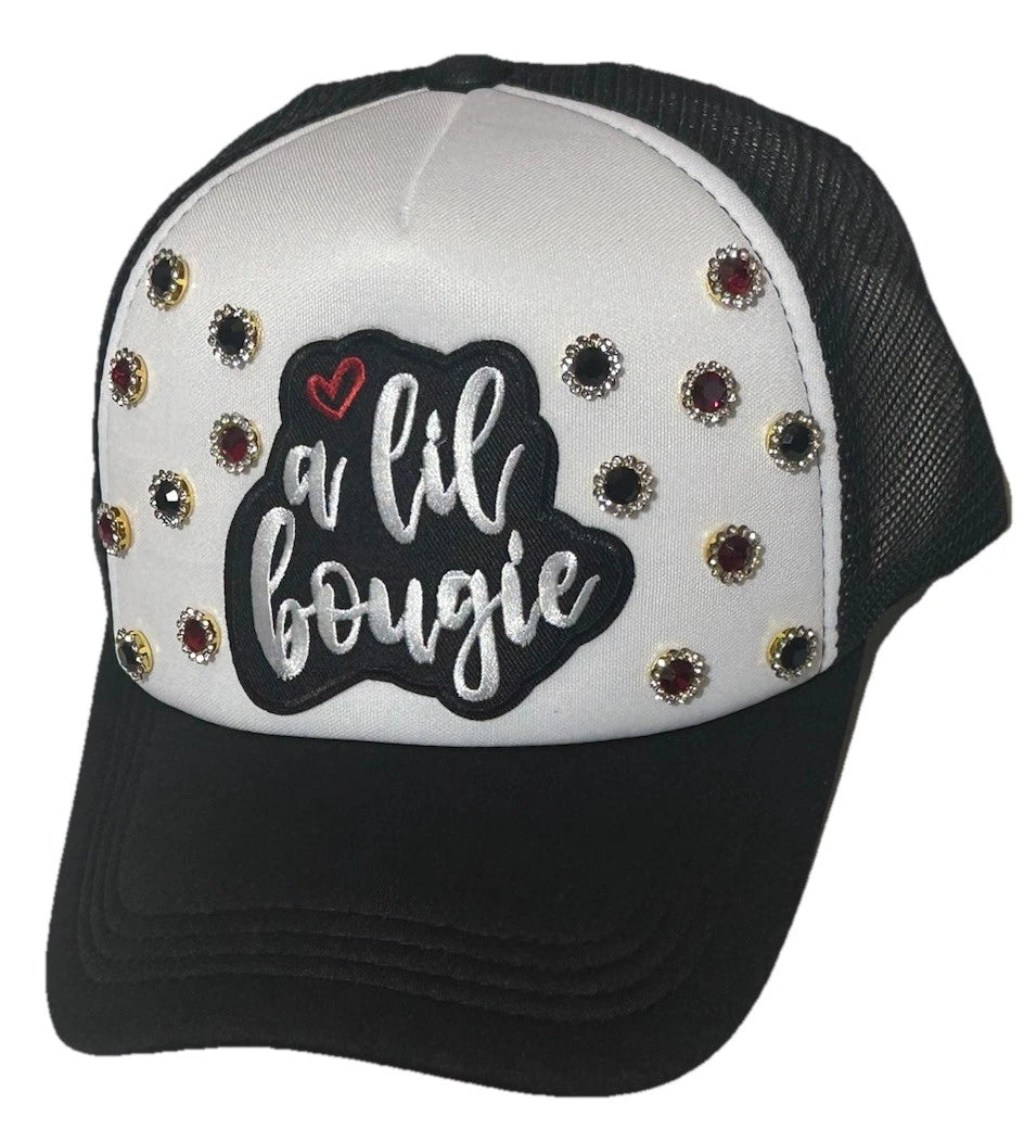 Custom Black/White "A Lil Bougie" BLING Trucker Hat Red/Black Flower Gemstones