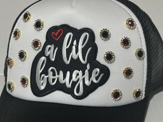 Custom Black/White "A Lil Bougie" BLING Trucker Hat Red/Black Flower Gemstones