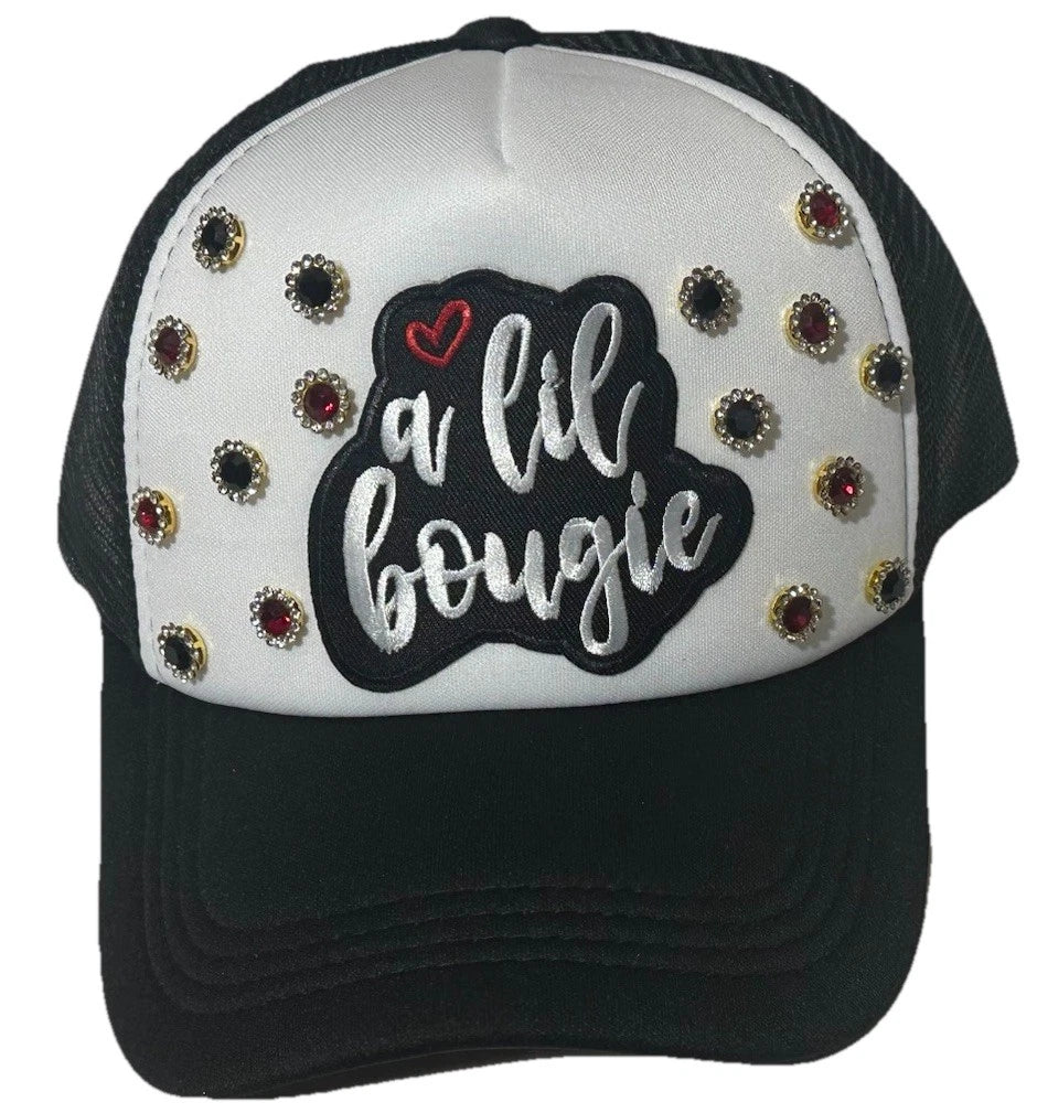 Custom Black/White "A Lil Bougie" BLING Trucker Hat Red/Black Flower Gemstones