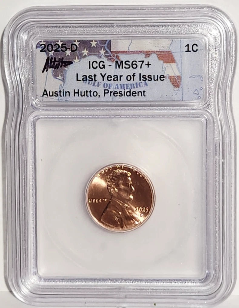 2025-D Lincoln Shield Cent Signed Austin Hutto Graded MS67+ by ICG
