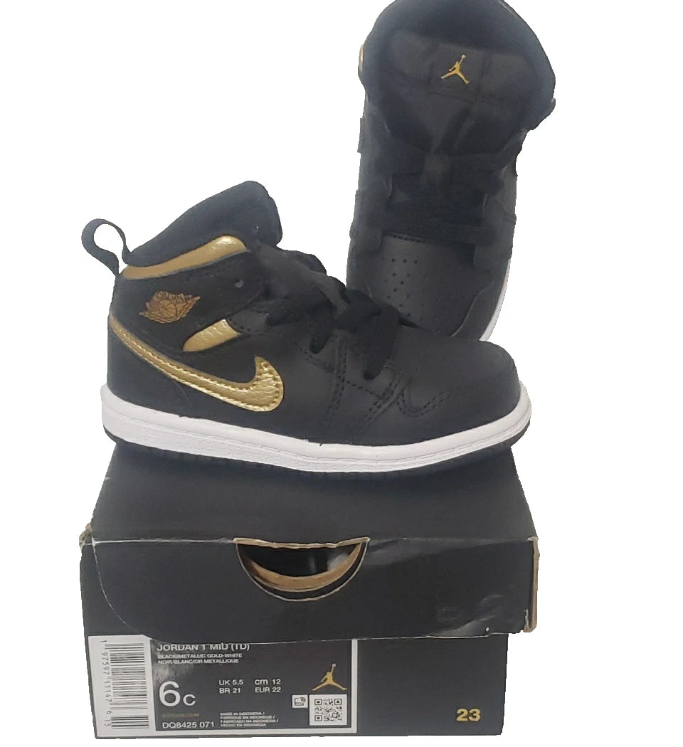 Jordan 1 Mid TD Black Metallic Gold Toddler Shoes Size 6C Nike Baby Sneakers New