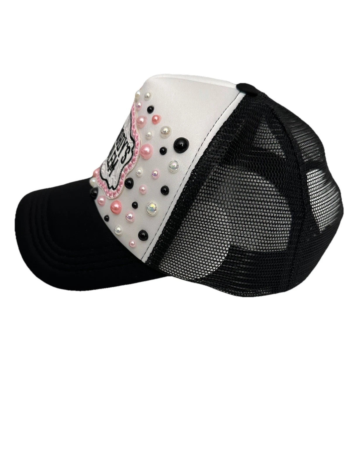 Custom Black & White PEARL Embellished "Somebody's Problem" Trucker Hat