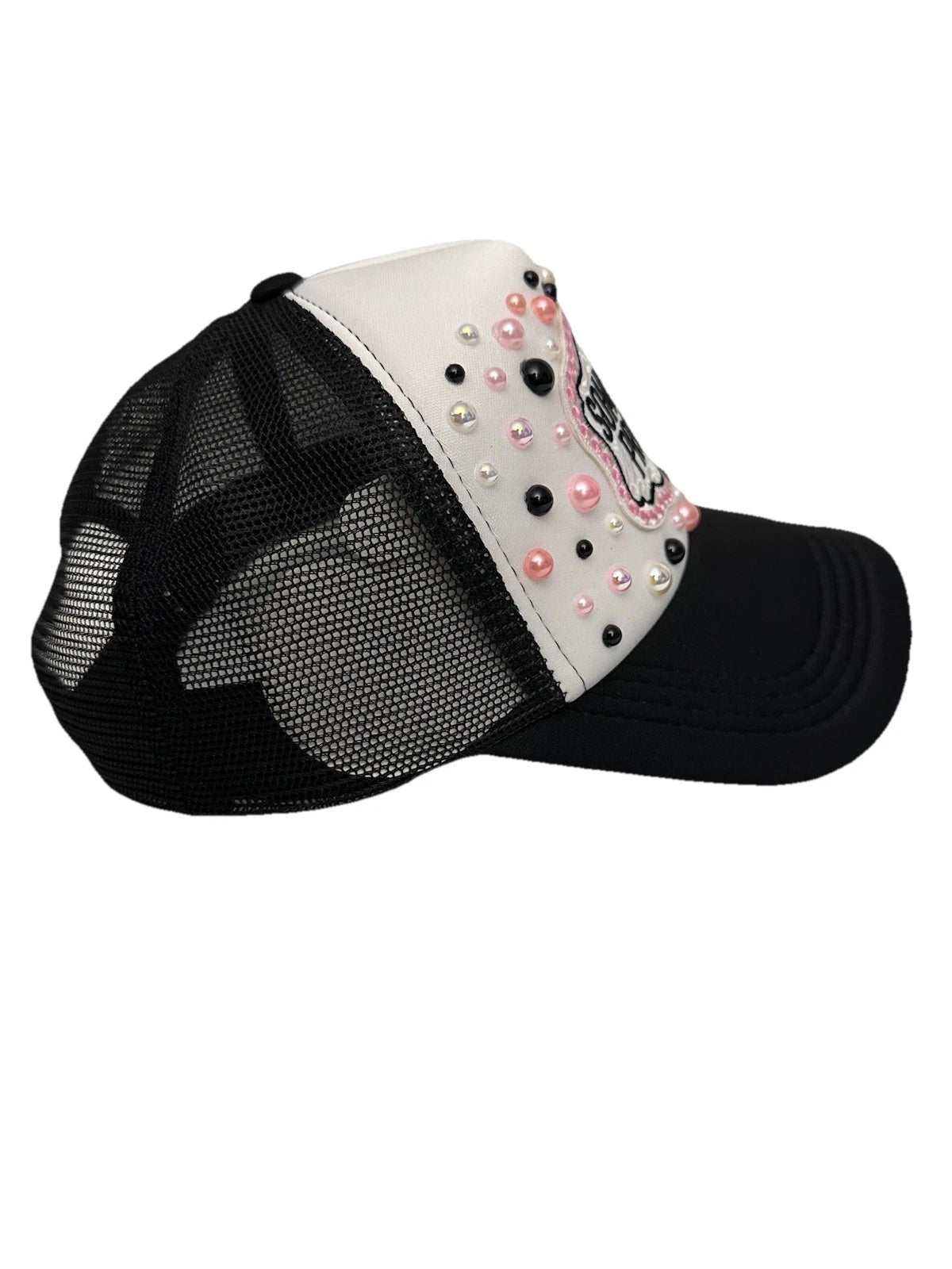 Custom Black & White PEARL Embellished "Somebody's Problem" Trucker Hat